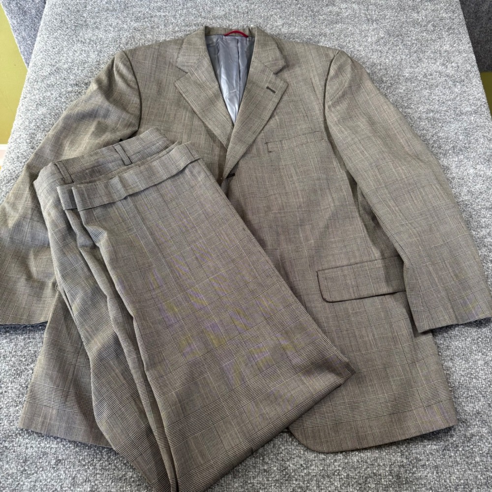 Jos A Bank 2 Piece Suit Mens 42R 40x31 Brown Glen Plaid Wool Vintage USA